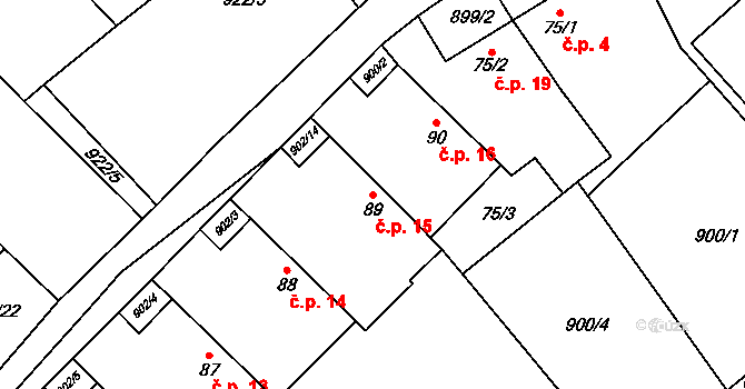Hološiny 15, Petrovice I na parcele st. 89 v KÚ Hološiny, Katastrální mapa