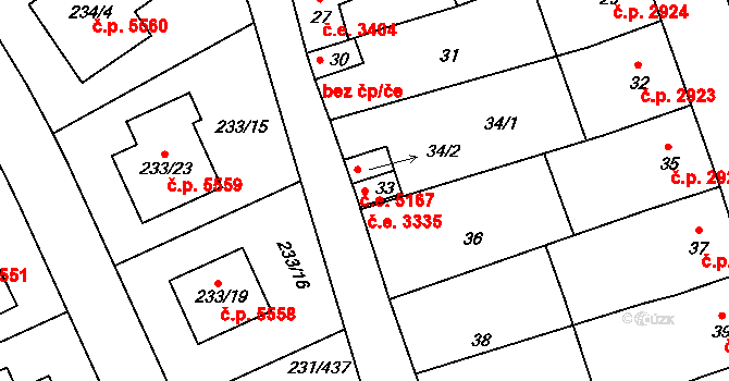 Helenín 3335, Jihlava na parcele st. 33 v KÚ Helenín, Katastrální mapa