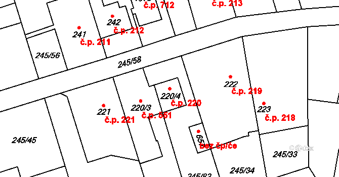 Horoměřice 220 na parcele st. 220/4 v KÚ Horoměřice, Katastrální mapa