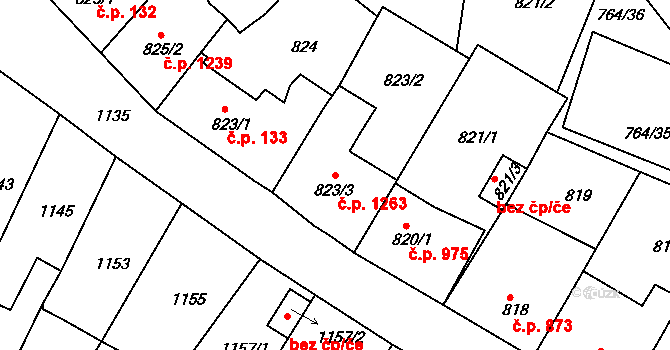 Ratíškovice 1263 na parcele st. 823/3 v KÚ Ratíškovice, Katastrální mapa