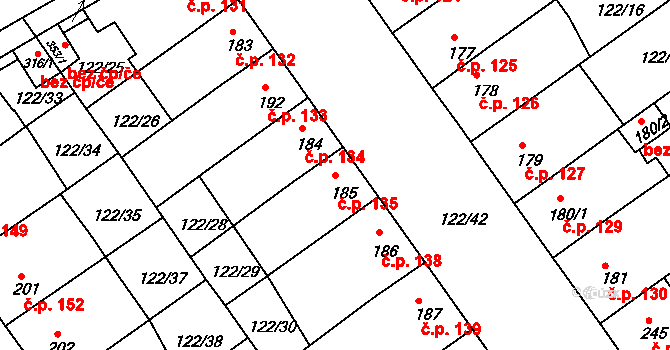 Žalkovice 135 na parcele st. 185 v KÚ Žalkovice, Katastrální mapa