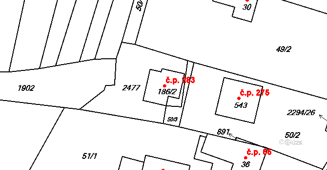 Horní Lideč 283 na parcele st. 186/2 v KÚ Horní Lideč, Katastrální mapa