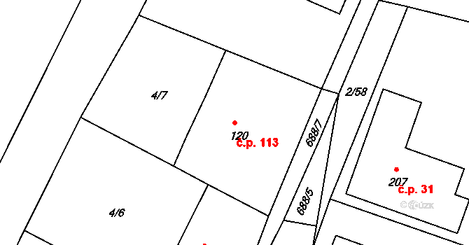 Sudoměřice u Bechyně 113 na parcele st. 120 v KÚ Sudoměřice u Bechyně, Katastrální mapa