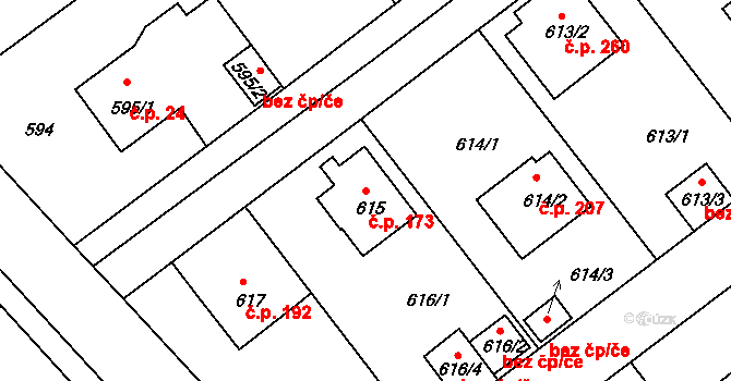 Strkov 173, Planá nad Lužnicí na parcele st. 615 v KÚ Planá nad Lužnicí, Katastrální mapa