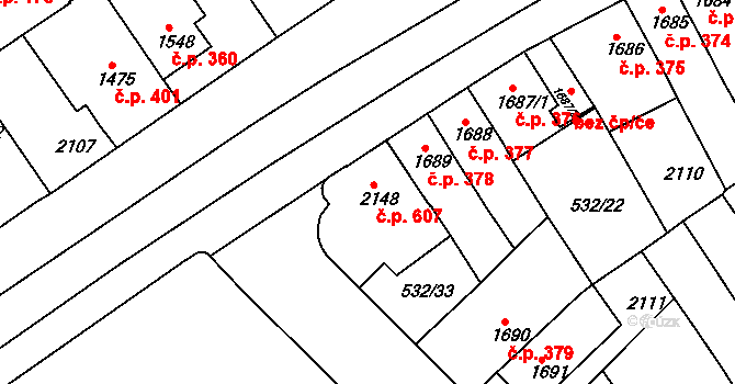 Borovina 607, Třebíč na parcele st. 2148 v KÚ Třebíč, Katastrální mapa