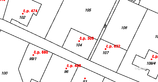 Skřečoň 309, Bohumín na parcele st. 104 v KÚ Skřečoň, Katastrální mapa