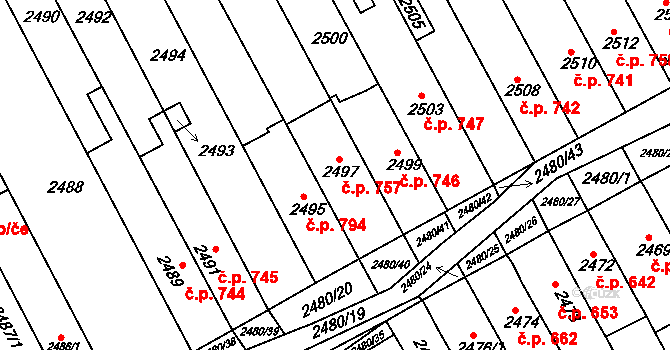 Maloměřice 757, Brno na parcele st. 2497 v KÚ Maloměřice, Katastrální mapa