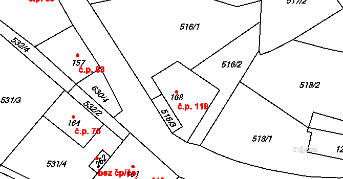 Svatá 119 na parcele st. 168 v KÚ Svatá, Katastrální mapa