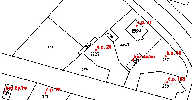 Kratonohy 28 na parcele st. 290/2 v KÚ Kratonohy, Katastrální mapa
