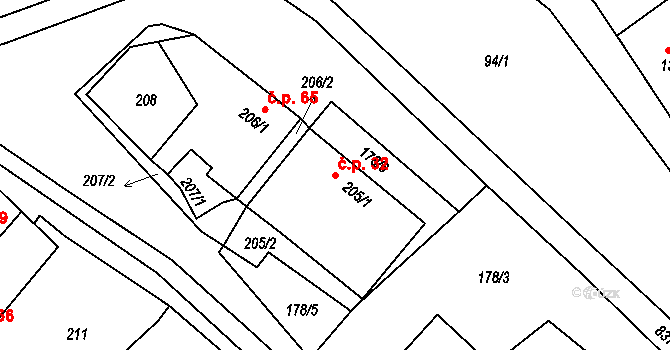 Tušť 32, Suchdol nad Lužnicí na parcele st. 205/1 v KÚ Tušť, Katastrální mapa