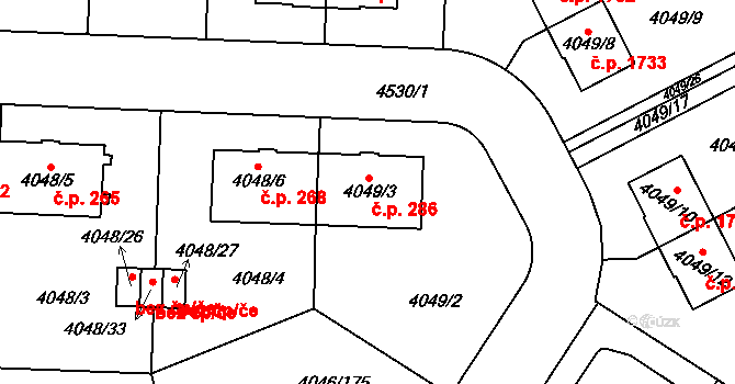 Strašnice 286, Praha na parcele st. 4049/3 v KÚ Strašnice, Katastrální mapa