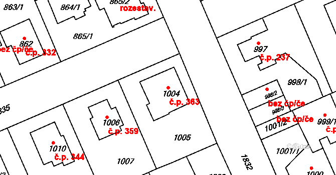 Černice 363, Plzeň na parcele st. 1004 v KÚ Bručná, Katastrální mapa
