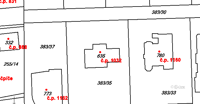 Rudná 1032 na parcele st. 635 v KÚ Hořelice, Katastrální mapa