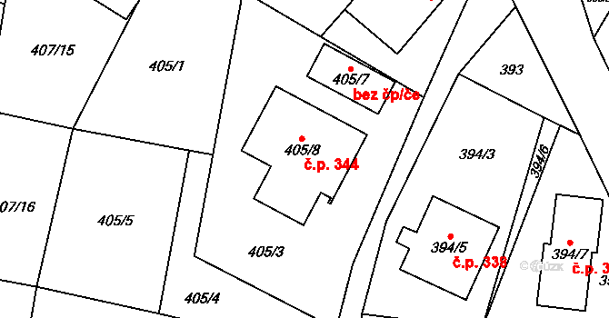 Březová 344 na parcele st. 405/8 v KÚ Březová u Sokolova, Katastrální mapa