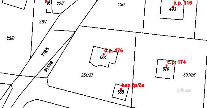 Kytín 176 na parcele st. 684 v KÚ Kytín, Katastrální mapa