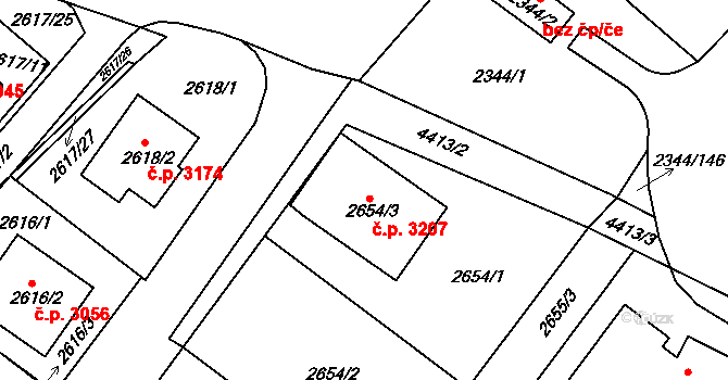 Teplice 3207 na parcele st. 2654/3 v KÚ Teplice, Katastrální mapa