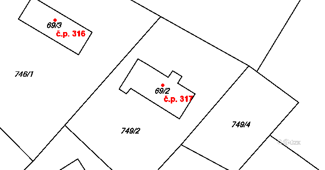 Podhůří 317, Vrchlabí na parcele st. 69/2 v KÚ Podhůří-Harta, Katastrální mapa
