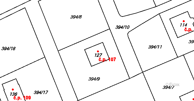 Jitkov 107 na parcele st. 127 v KÚ Jitkov, Katastrální mapa