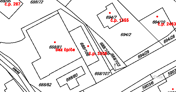 Frýdek 3308, Frýdek-Místek na parcele st. 688/106 v KÚ Frýdek, Katastrální mapa
