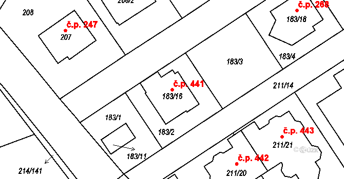 Újezd u Průhonic 441, Praha na parcele st. 183/16 v KÚ Újezd u Průhonic, Katastrální mapa