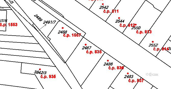 Hluk 835 na parcele st. 2487 v KÚ Hluk, Katastrální mapa