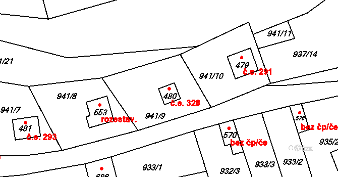 Vlkančice 328 na parcele st. 480 v KÚ Vlkančice, Katastrální mapa