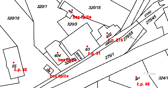 Úholičky 51 na parcele st. 63 v KÚ Úholičky, Katastrální mapa