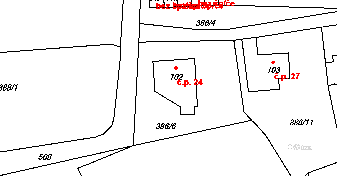 Hynčice 24 na parcele st. 102 v KÚ Hynčice u Broumova, Katastrální mapa