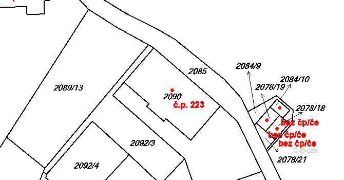 Lázně Bohdaneč 223 na parcele st. 2090 v KÚ Lázně Bohdaneč, Katastrální mapa