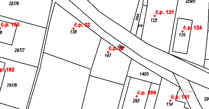 Veliny 87 na parcele st. 147 v KÚ Veliny, Katastrální mapa
