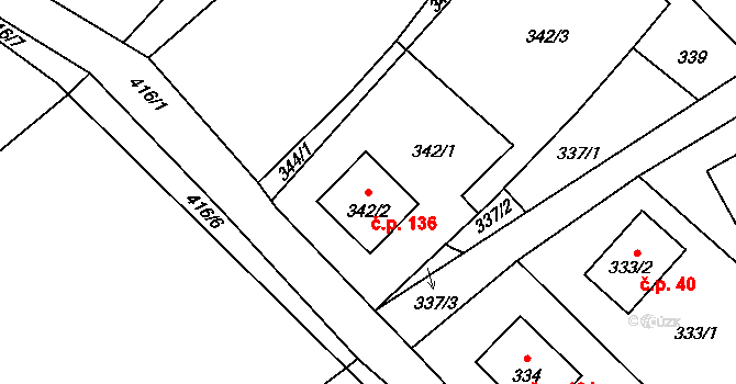 Děrné 136, Fulnek na parcele st. 342/2 v KÚ Děrné, Katastrální mapa