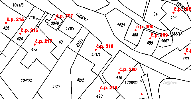 Plešivec 218, Český Krumlov na parcele st. 421/1 v KÚ Český Krumlov, Katastrální mapa