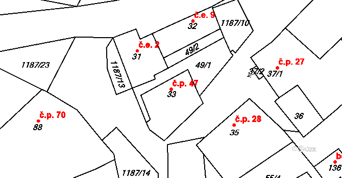 Liběšovice 47, Blšany na parcele st. 33 v KÚ Liběšovice, Katastrální mapa