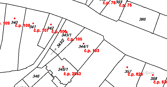 Louny 103 na parcele st. 344/1 v KÚ Louny, Katastrální mapa