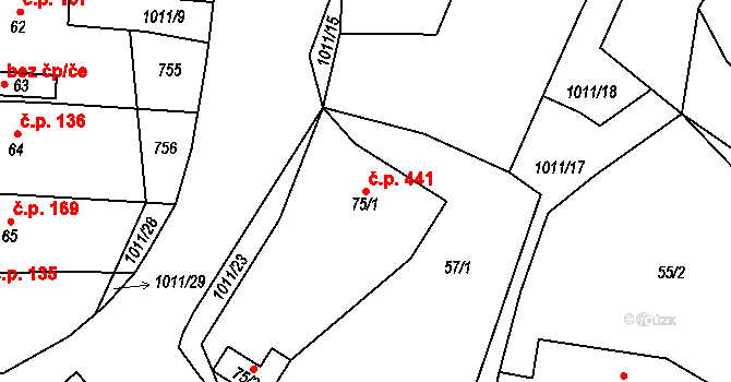 Hrochův Týnec 441 na parcele st. 75/1 v KÚ Hrochův Týnec, Katastrální mapa