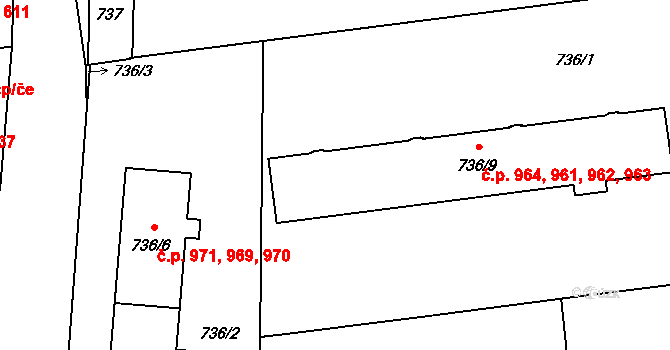 Chotěboř 961,962,963,964 na parcele st. 736/9 v KÚ Chotěboř, Katastrální mapa