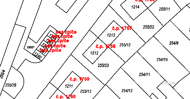Švermov 1758, Kladno na parcele st. 1212 v KÚ Hnidousy, Katastrální mapa