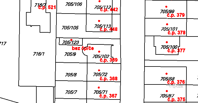 Všetuly 369, Holešov na parcele st. 705/102 v KÚ Všetuly, Katastrální mapa