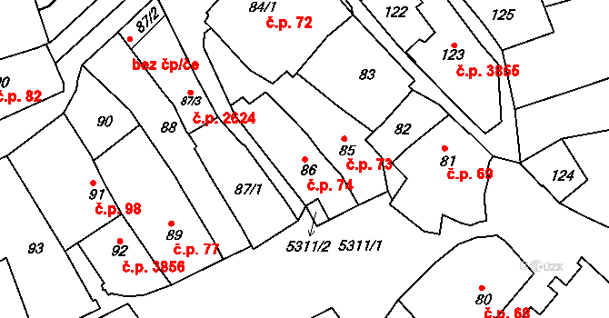 Znojmo 74 na parcele st. 86 v KÚ Znojmo-město, Katastrální mapa