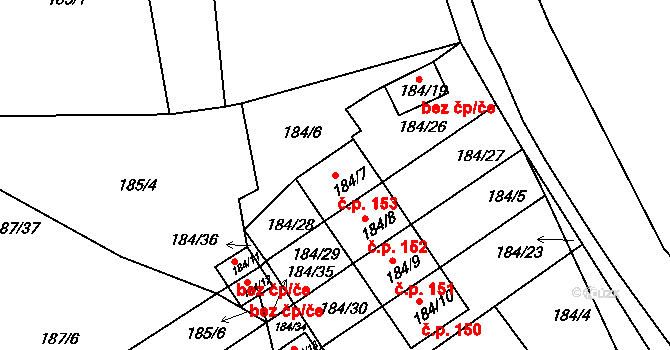 Jenišov 153 na parcele st. 184/7 v KÚ Jenišov, Katastrální mapa
