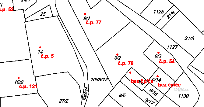 Vysoké Studnice 78 na parcele st. 9/2 v KÚ Vysoké Studnice, Katastrální mapa