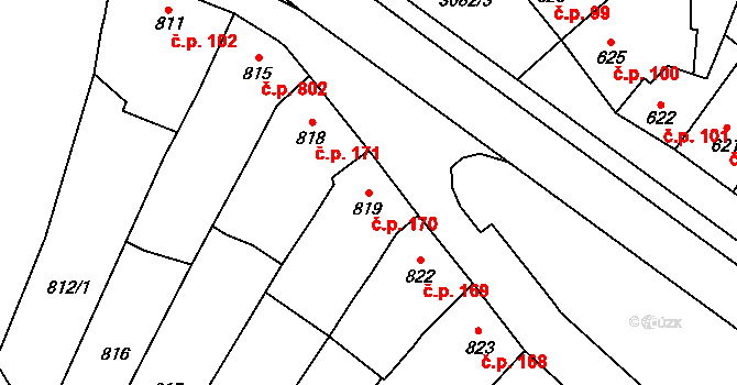 Vyškov-Předměstí 170, Vyškov na parcele st. 819 v KÚ Vyškov, Katastrální mapa