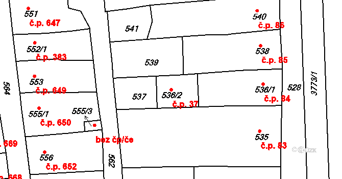 Slavkov u Brna 37 na parcele st. 536/2 v KÚ Slavkov u Brna, Katastrální mapa