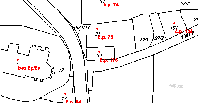 Prčice 115, Sedlec-Prčice na parcele st. 32 v KÚ Prčice, Katastrální mapa