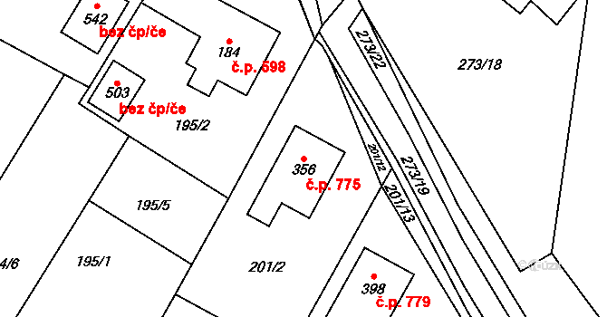Chvalčov 775 na parcele st. 356 v KÚ Chvalčova Lhota, Katastrální mapa