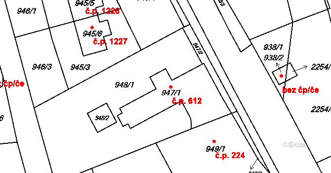 Jilemnice 612 na parcele st. 947/1 v KÚ Jilemnice, Katastrální mapa
