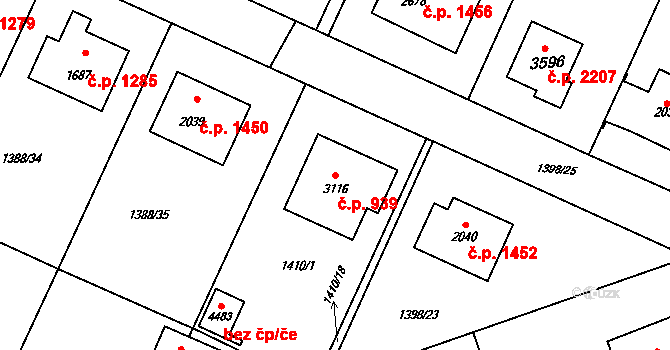 Rožnov pod Radhoštěm 939 na parcele st. 3116 v KÚ Rožnov pod Radhoštěm, Katastrální mapa
