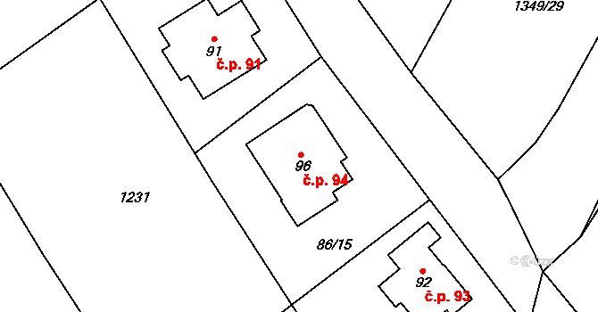 Krasová 94 na parcele st. 96 v KÚ Krasová, Katastrální mapa