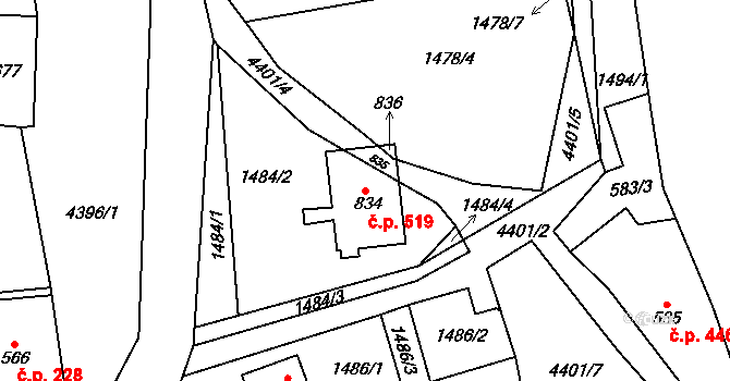 Heřmanovice 519 na parcele st. 834 v KÚ Heřmanovice, Katastrální mapa