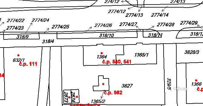 Plzeňské Předměstí 540,541, Rokycany na parcele st. 1365/1 v KÚ Rokycany, Katastrální mapa